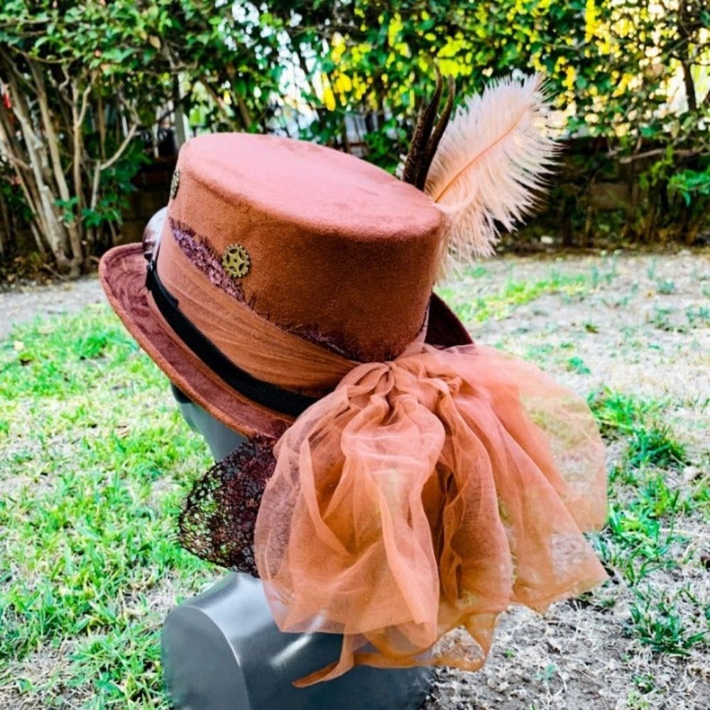 Victorian Steampunk Feather Lace Women Top Hat Dark Lens Goggles Party Costume - Picture 4 of 4